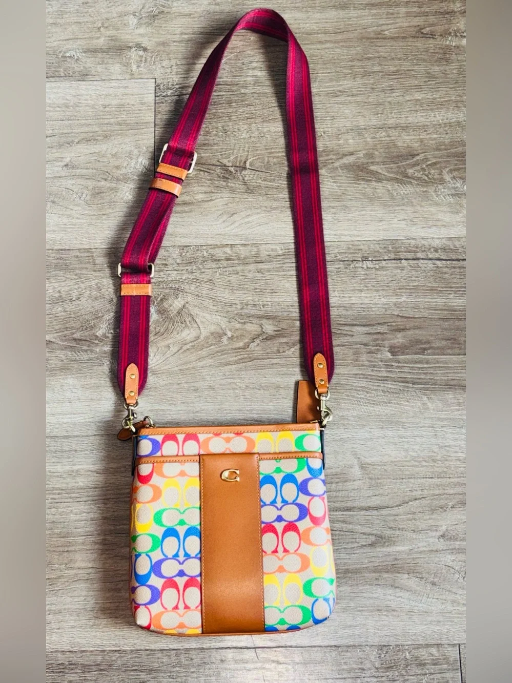 Coach Rainbow Signature Crossbody with Maroon Adjustable Strap